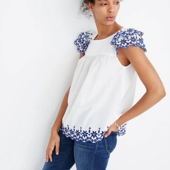 NWT MADEWELL sz 0 White Blue Embroidered Story Peasant Blouse Top retail $88 - Picture 7 of 14